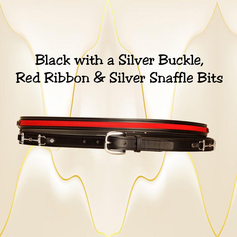 Snaffle bit ribbon black leather belt with a silver buckle.