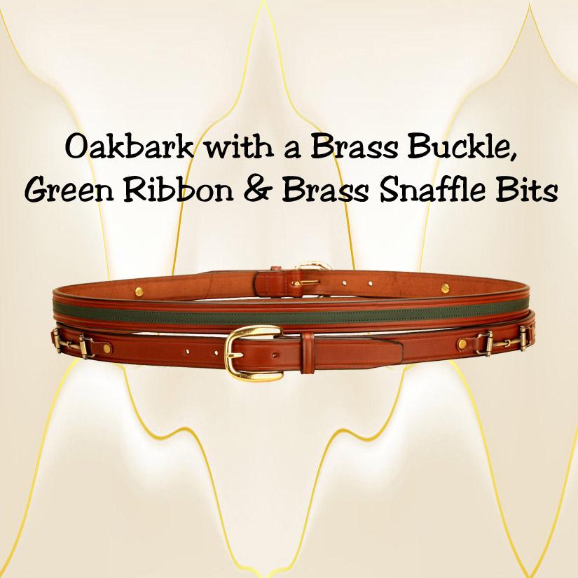 Snaffle bit ribbon oakbark leather belt with a brass buckle.