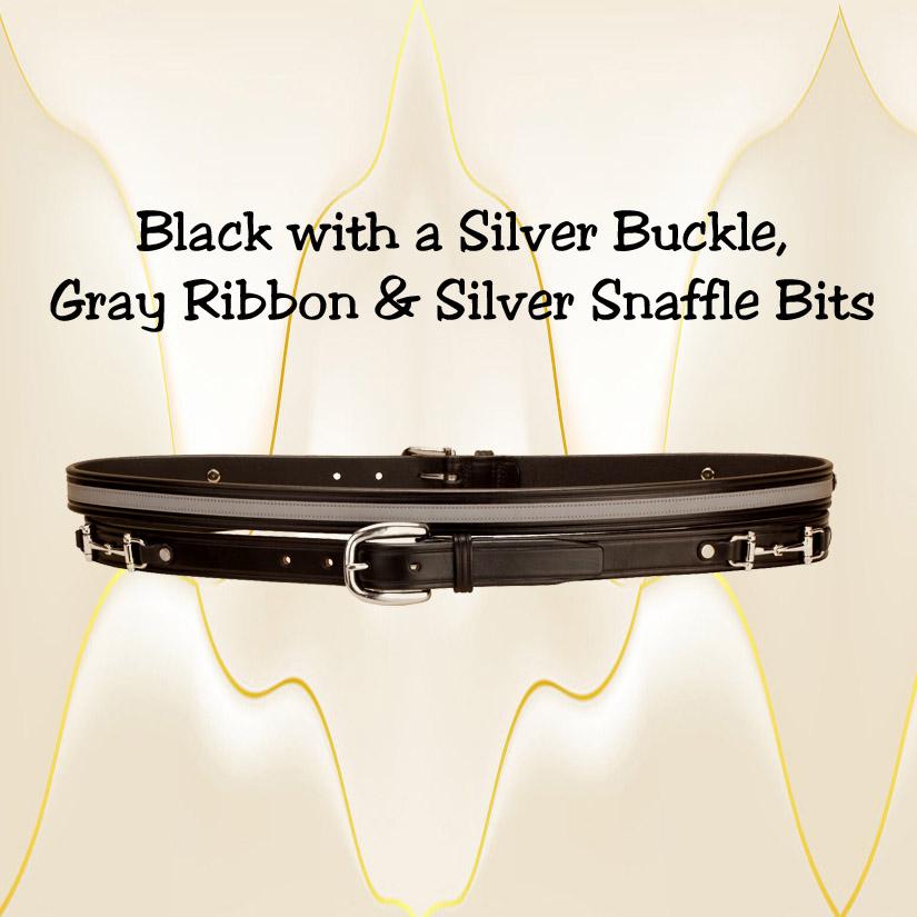 Snaffle bit gray ribbon black leather belt with a silver buckle.