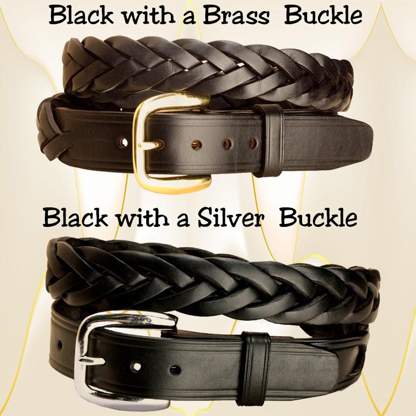 Black bridle leather braided belt with your choice of a brass or silver buckle.