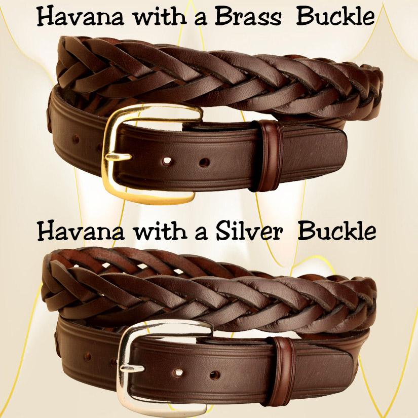 Havana  bridle leather braided belt with your choice of a brass or silver buckle.