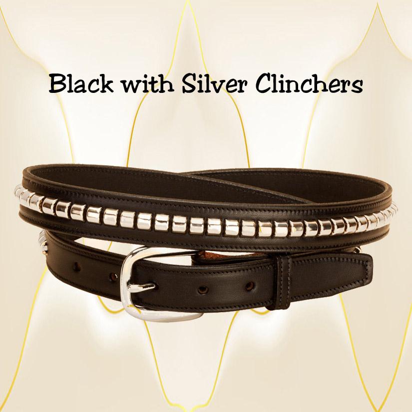 Black leather with silver clinchers belt.