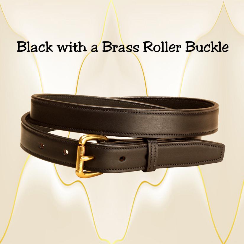 Black leather edge stitched belt with a roller buckle.
