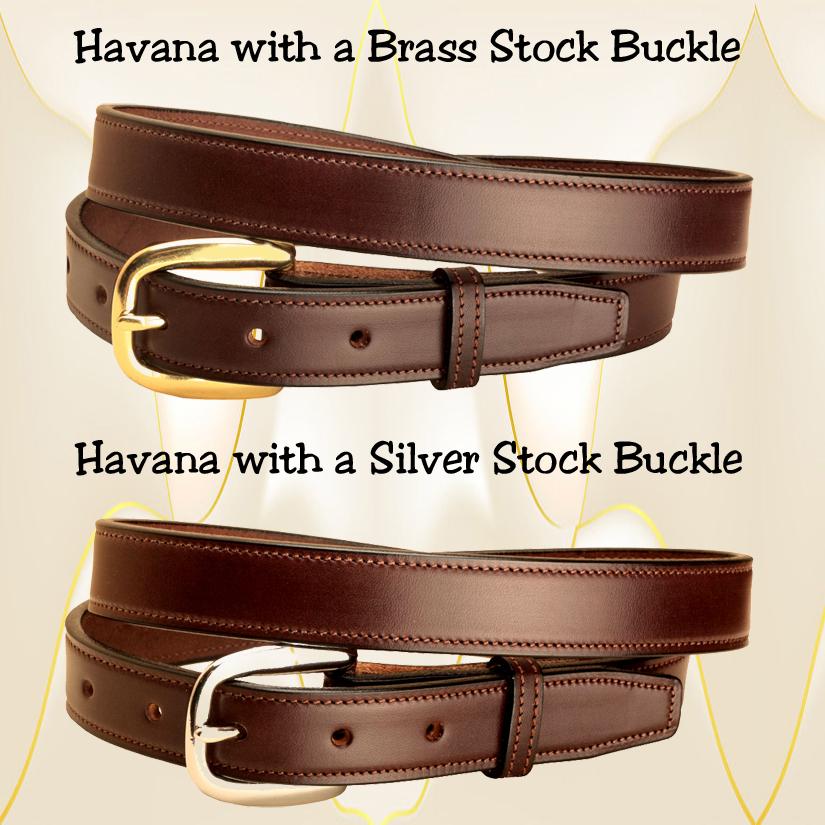 Havana edge stitched leather belt with your choice of belt buckle. 