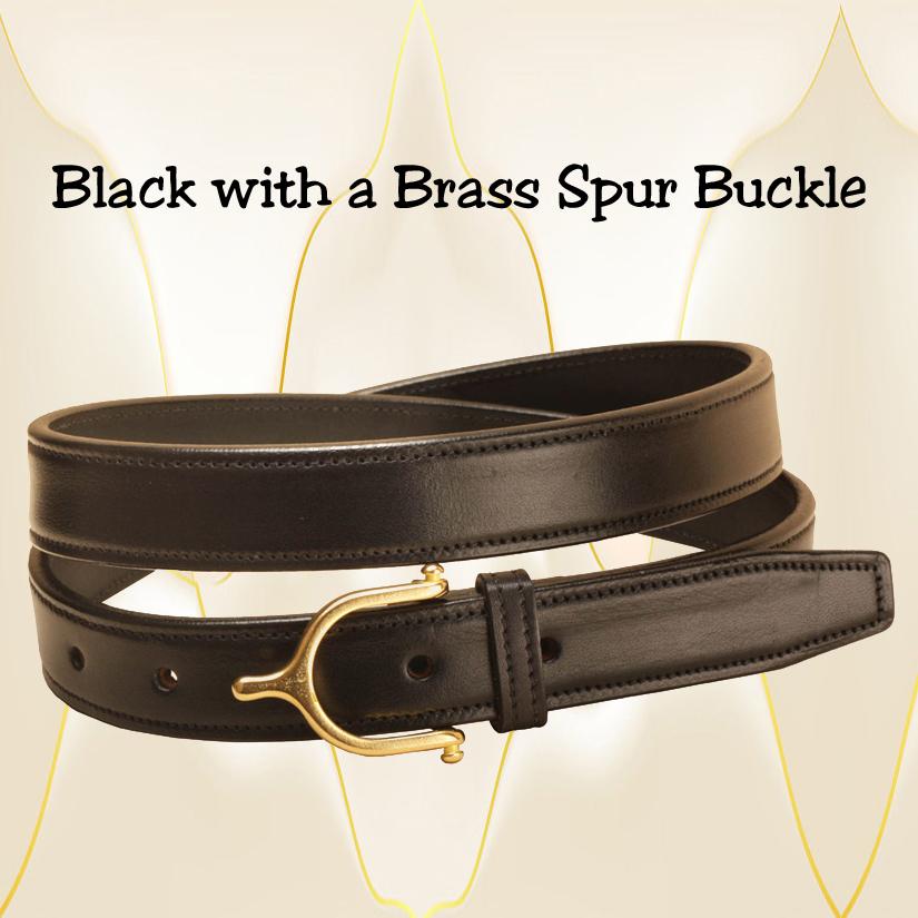 Black leather 1" wide English spur belt with a brass spur buckle.