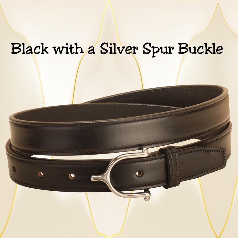 Black leather 1" wide English spur belt with a silver spur buckle.