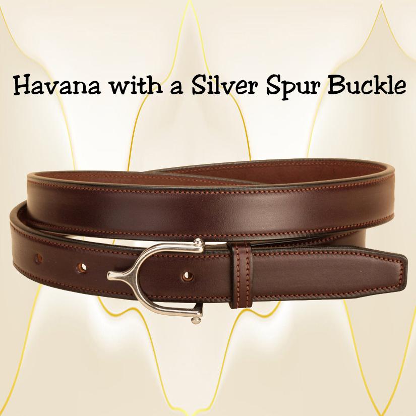 Havana leather 1" wide English spur belt with a silver spur buckle.