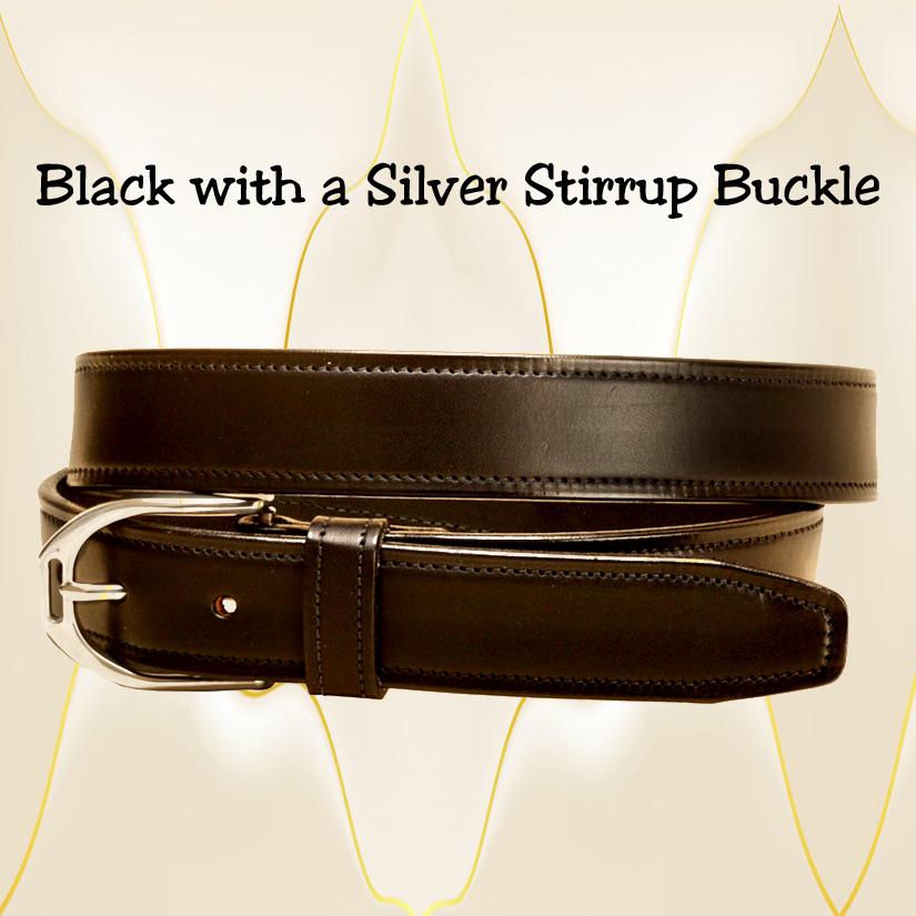 Black leather English stirrup belt with a silver stirrup buckle.