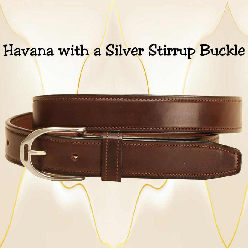 Havana leather English stirrup belt with a silver stirrup buckle.