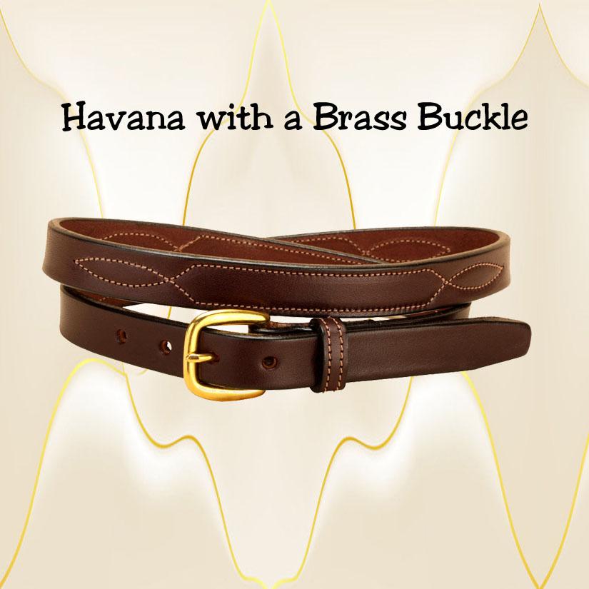 Fancy stitched 3/4" wide fancy stitched Havana leather belt.