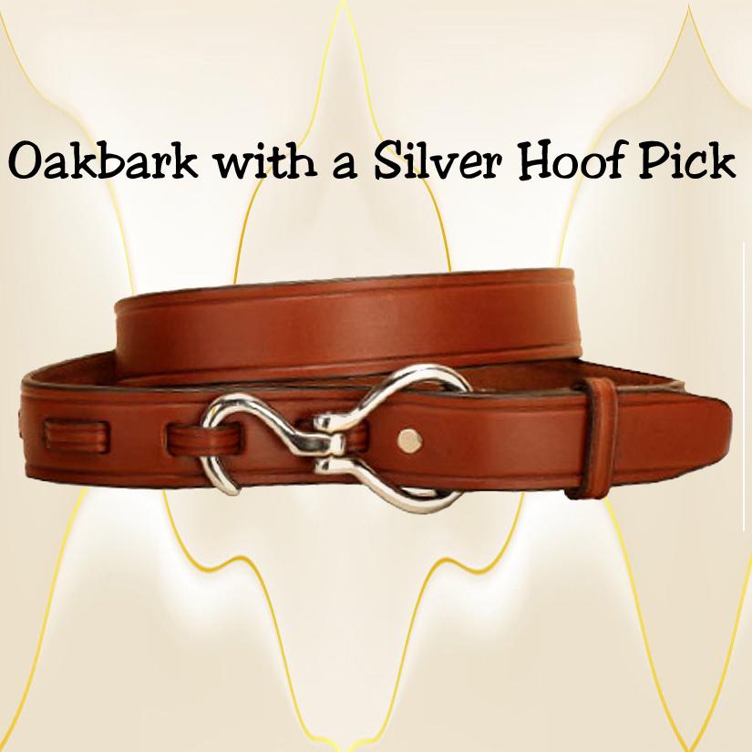 Oakbark leather hoof pick belt with a silver hoof pick.
