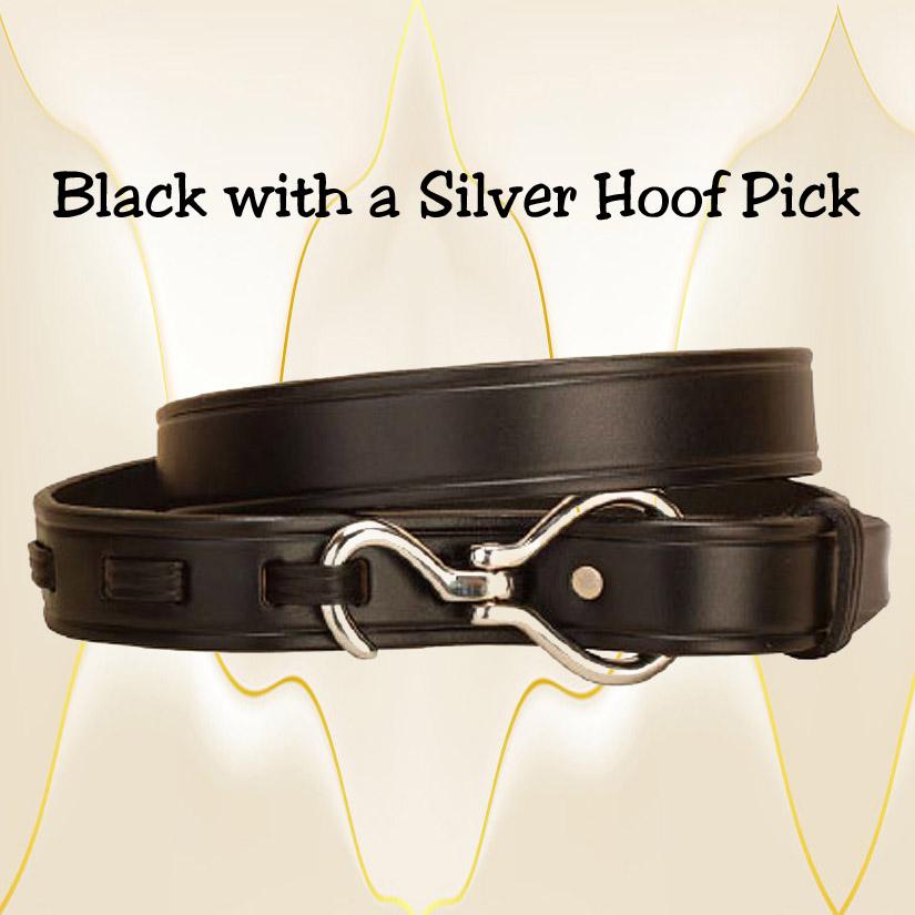 Black leather hoof pick belt with a silver hoof pick.