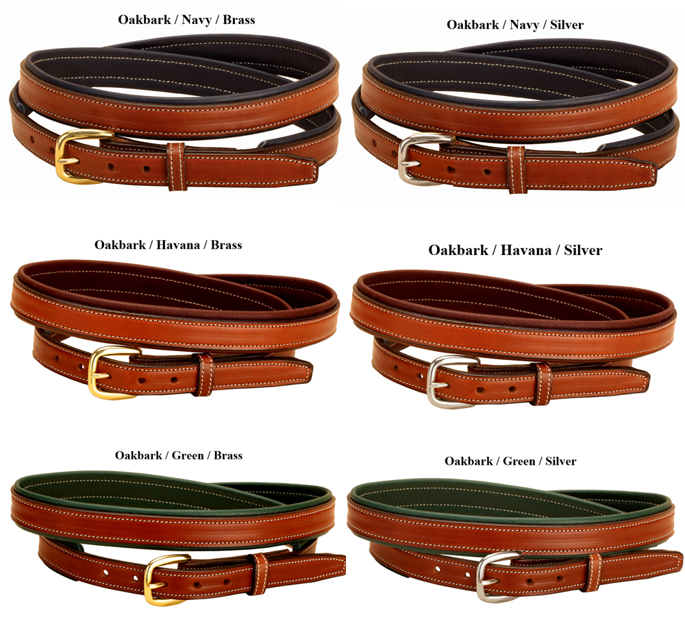 Oakbark padded leather belts with your choice of padding color and buckle finish.