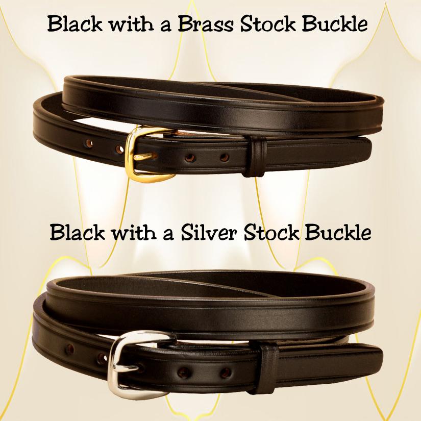Black 3/4" wide leather creased belt with a silver or brass buckle.