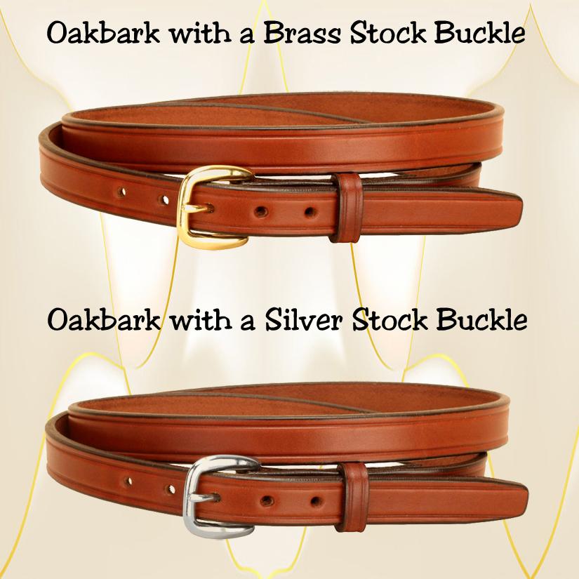 Oakbark 3/4" wide leather creased belt with a silver or brass buckle.
