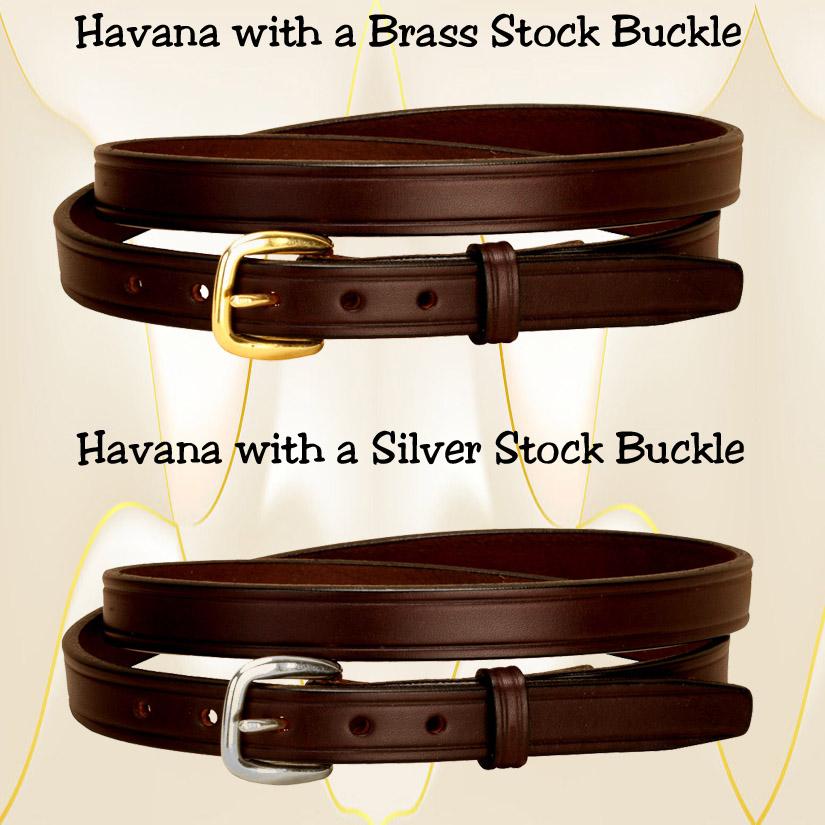 Havana 3/4" wide leather creased belt with a silver or brass buckle.