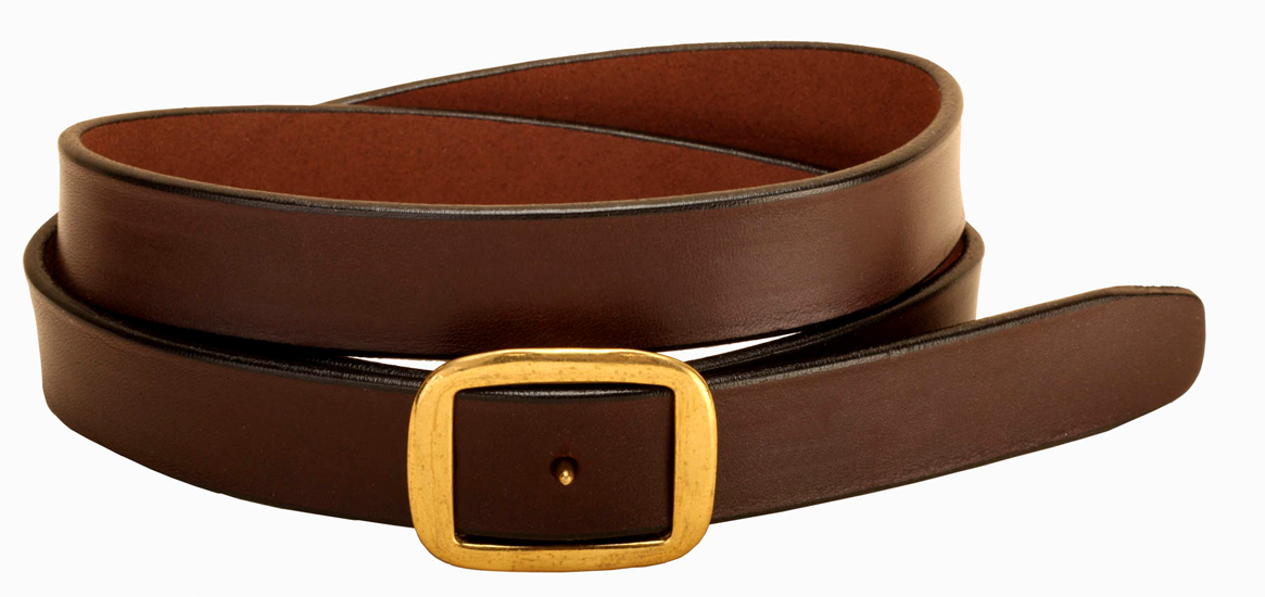 Conway center post buckle Havana English bridle leather belt that is 1 1/4 inch wide.