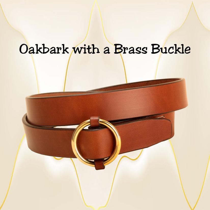 Brass ring buckle oakbark leather belt.