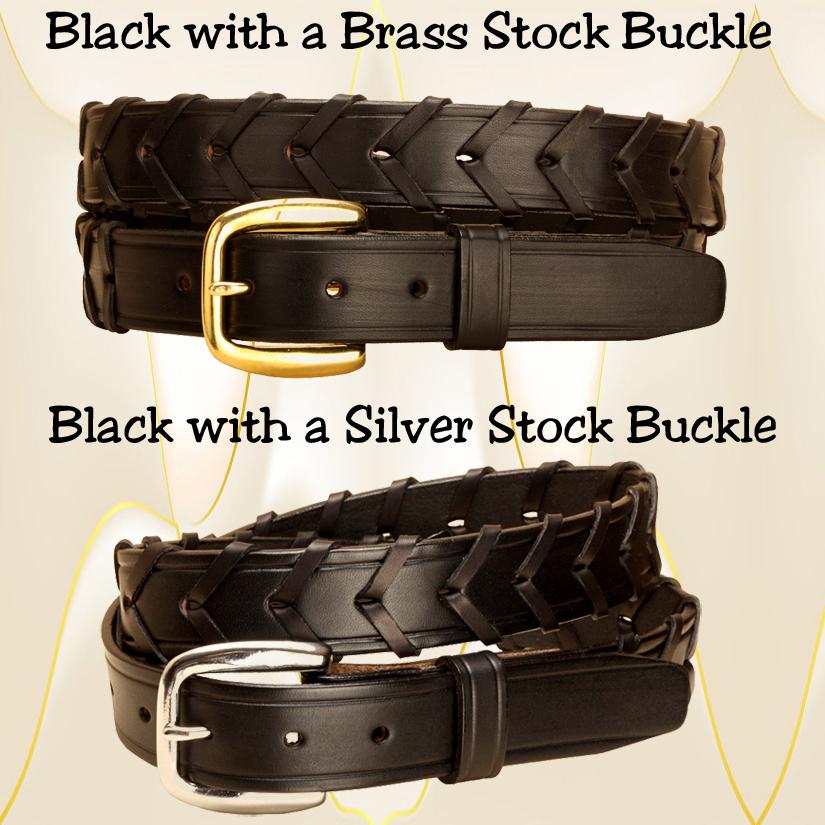 Black 1 1/4" wide laced rein leather equestrian belt with a brass buckle for men or women.
