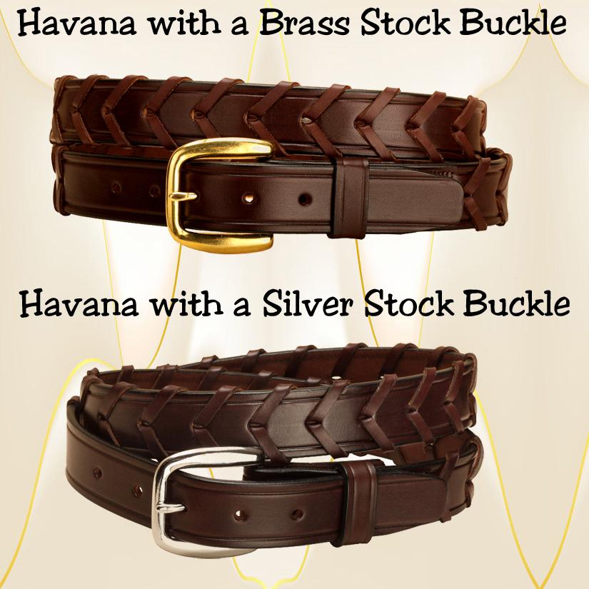 Havana 1 1/4" wide laced rein leather equestrian belt with a brass buckle for men or women.