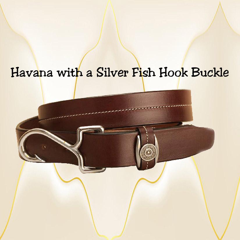 Fish hook buckle on a Havana bridle leather belt that is 1 1/4" wide