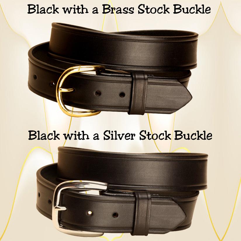 1 1/2" wide creased black leather belt with a brass or silver stock buckle.