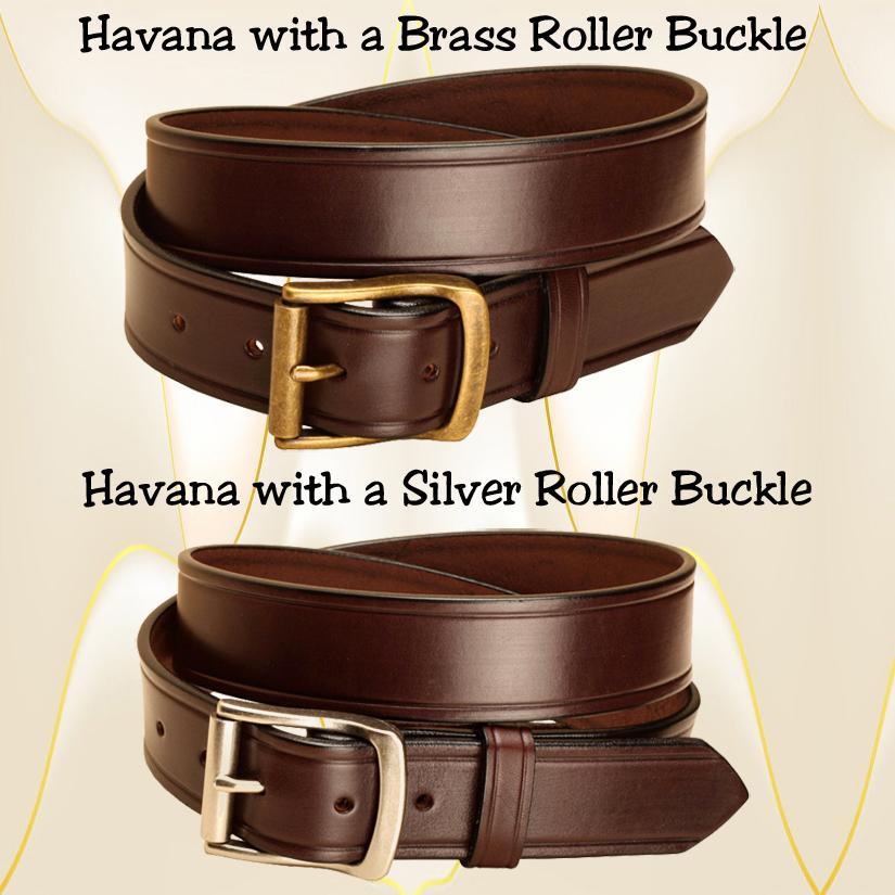 1 1/2" wide creased havana leather belt with a brass or silver roller buckle.