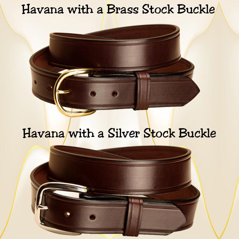 1 1/2" wide creased black leather belt with a brass or silver stock buckle.