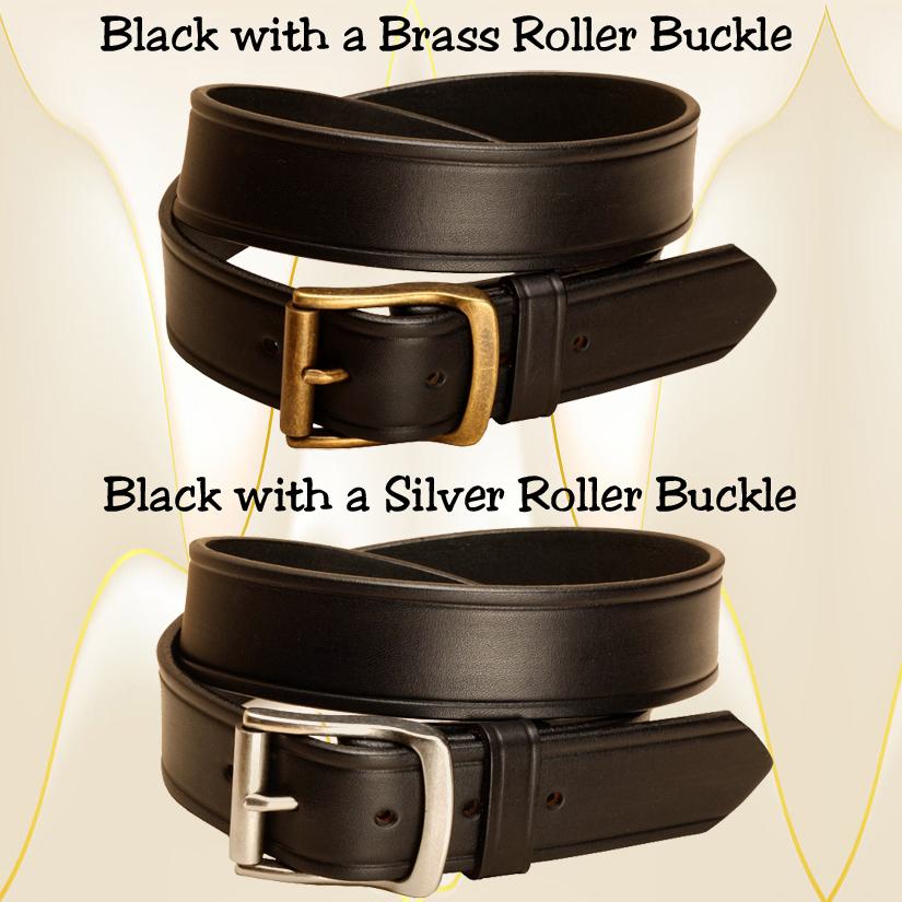 1 1/2" wide creased black leather belt with a brass or silver roller buckle.
