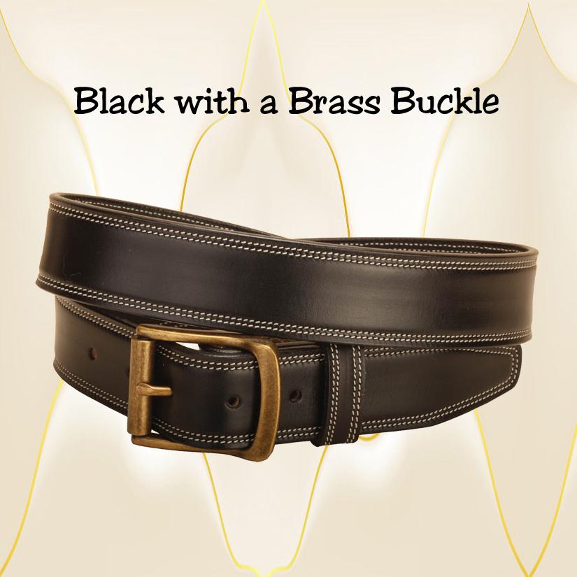 Black leather bridle leather belt with double row edge stitching.