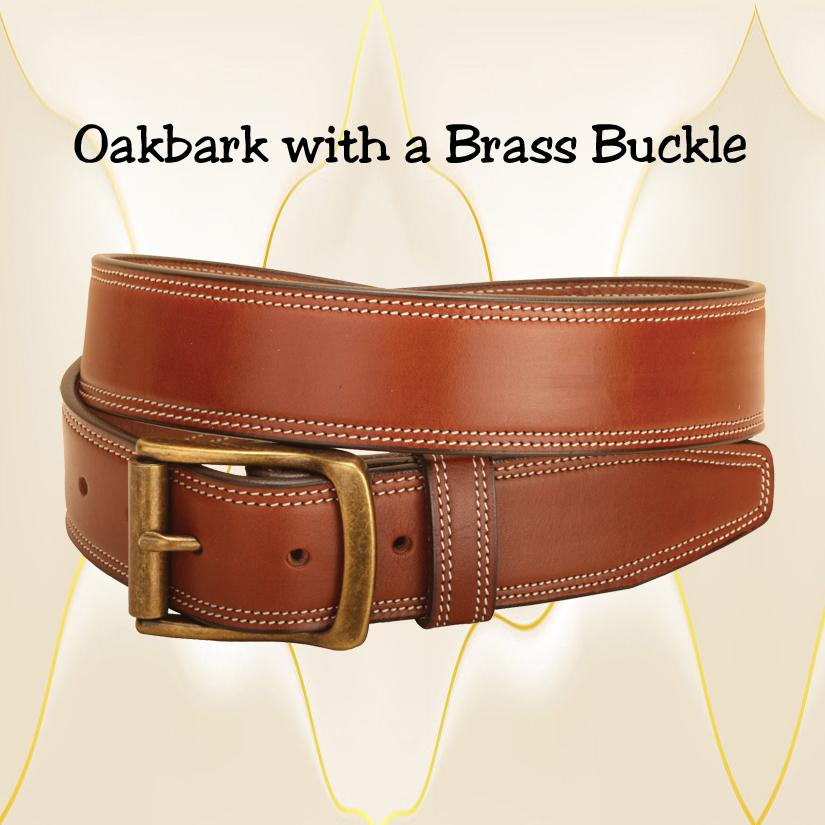 Oakbark leather bridle leather belt with double row edge stitching.