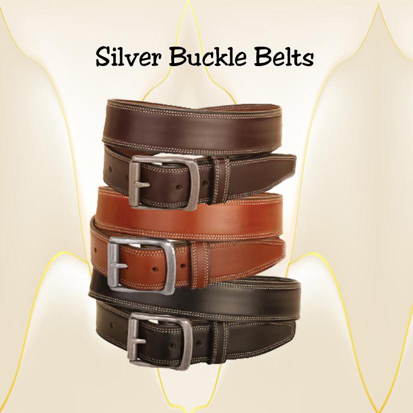 Leather double row edge stitched belt with silver belt buckles.