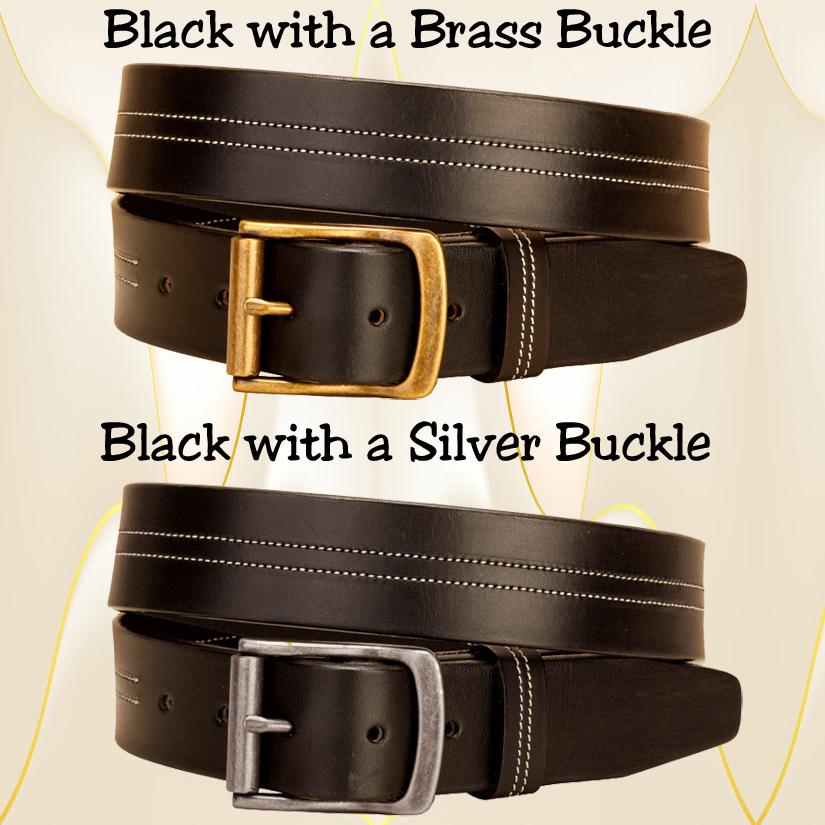 Black leather center stitched belt with an antique roller buckle.