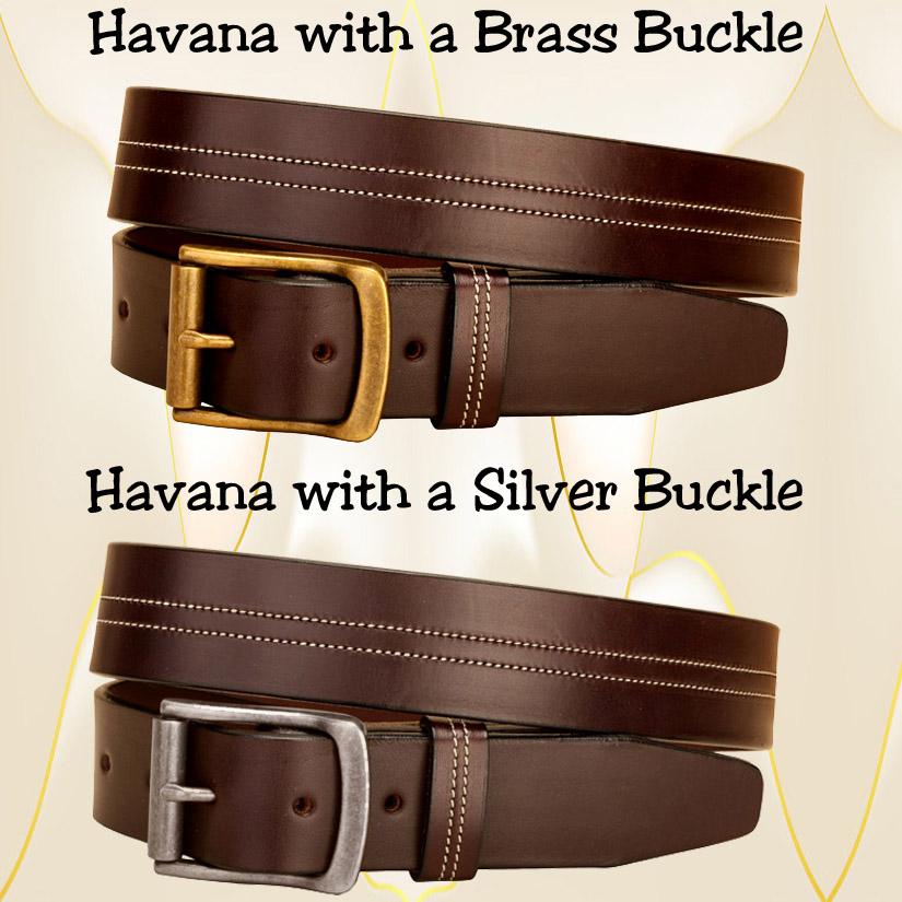 Havana leather center stitched belt with an antique roller buckle.