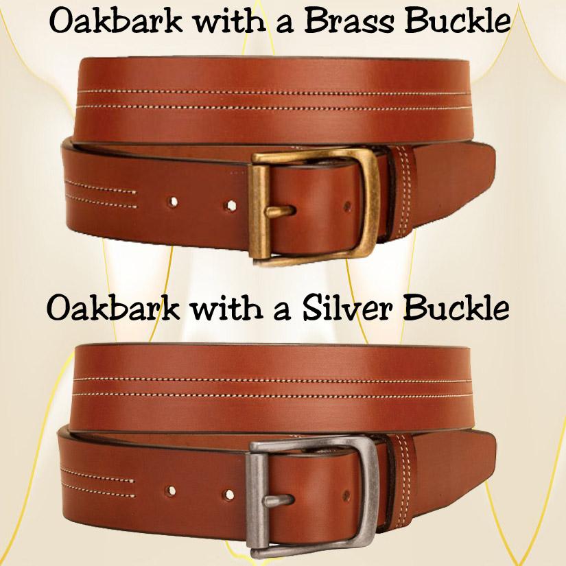 Oakbark leather center stitched belt with an antique roller buckle.