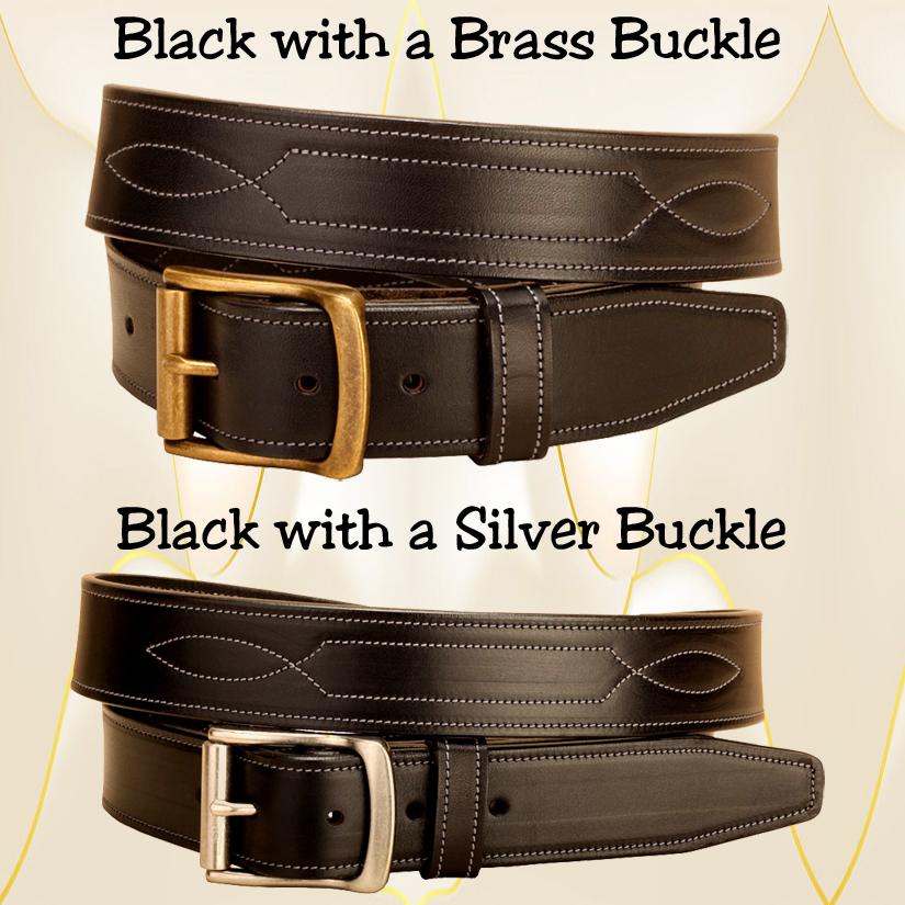 1 1/2" wide fancy stitched black leather belt with your choice of belt buckle.