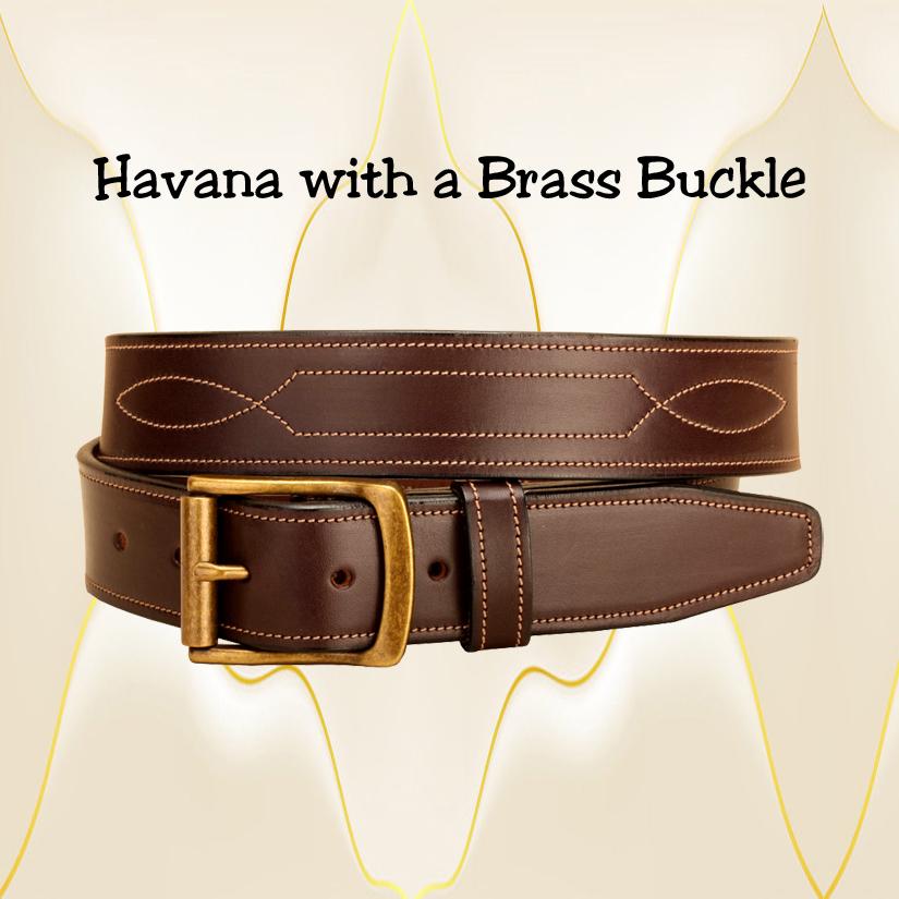 1 1/2" wide fancy stitched Havana leather belt with your choice of belt buckle.
