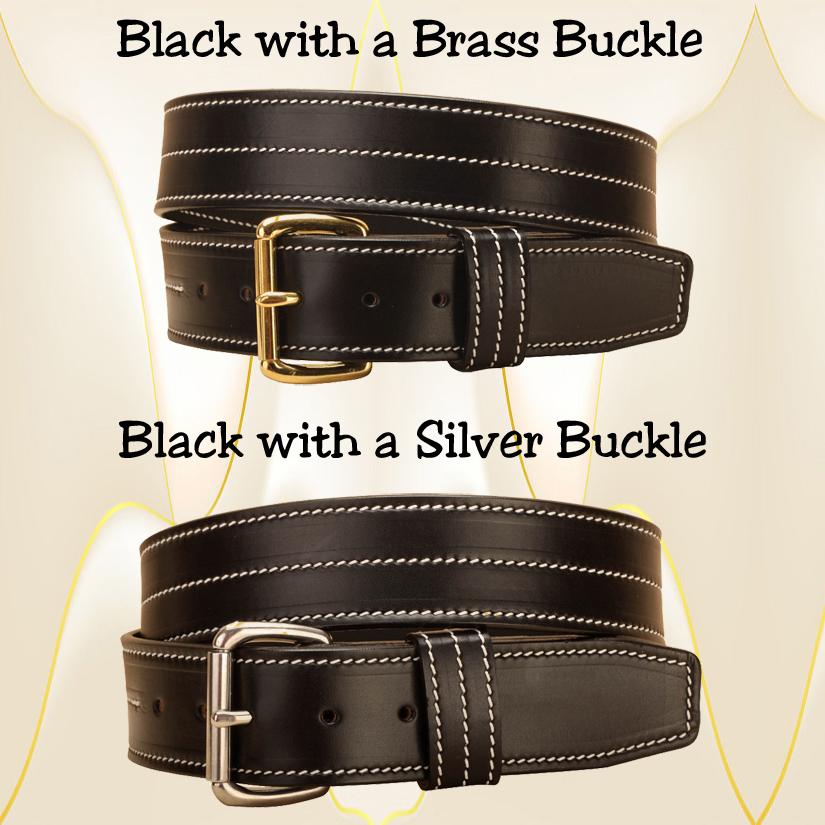 Triple stitched black leather belt with choice of buckle.