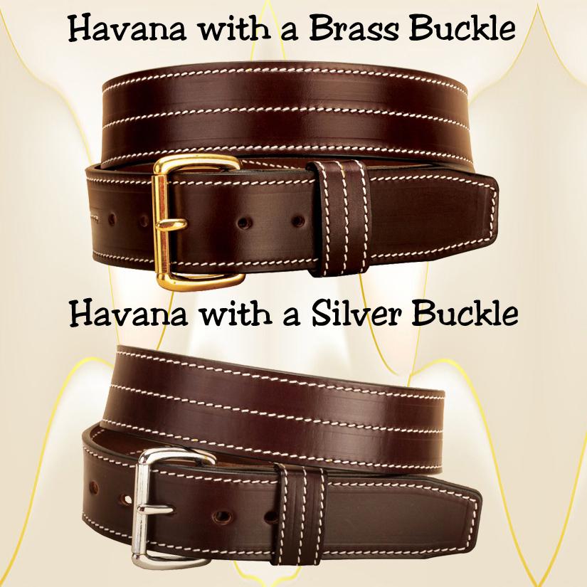 Triple stitched Havana leather belt with choice of buckle.