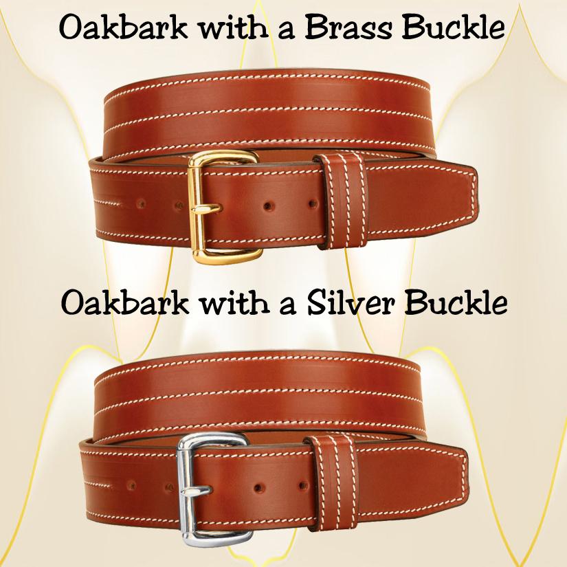 Triple stitched oakbark leather belt with choice of buckle.