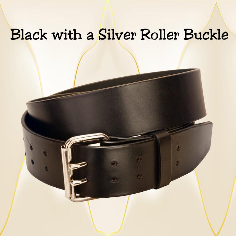 Black 2" wide double holes leather belt with either a brass or silver roller buckle.