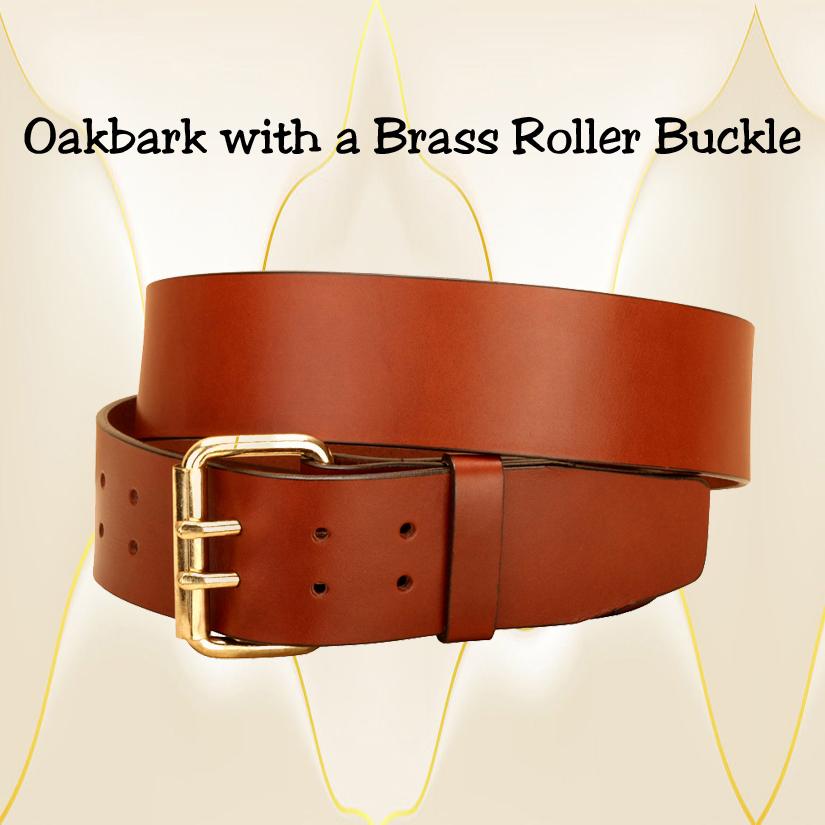 Oakbark Black 2" wide double holes leather belt with either a brass or silver roller buckle.