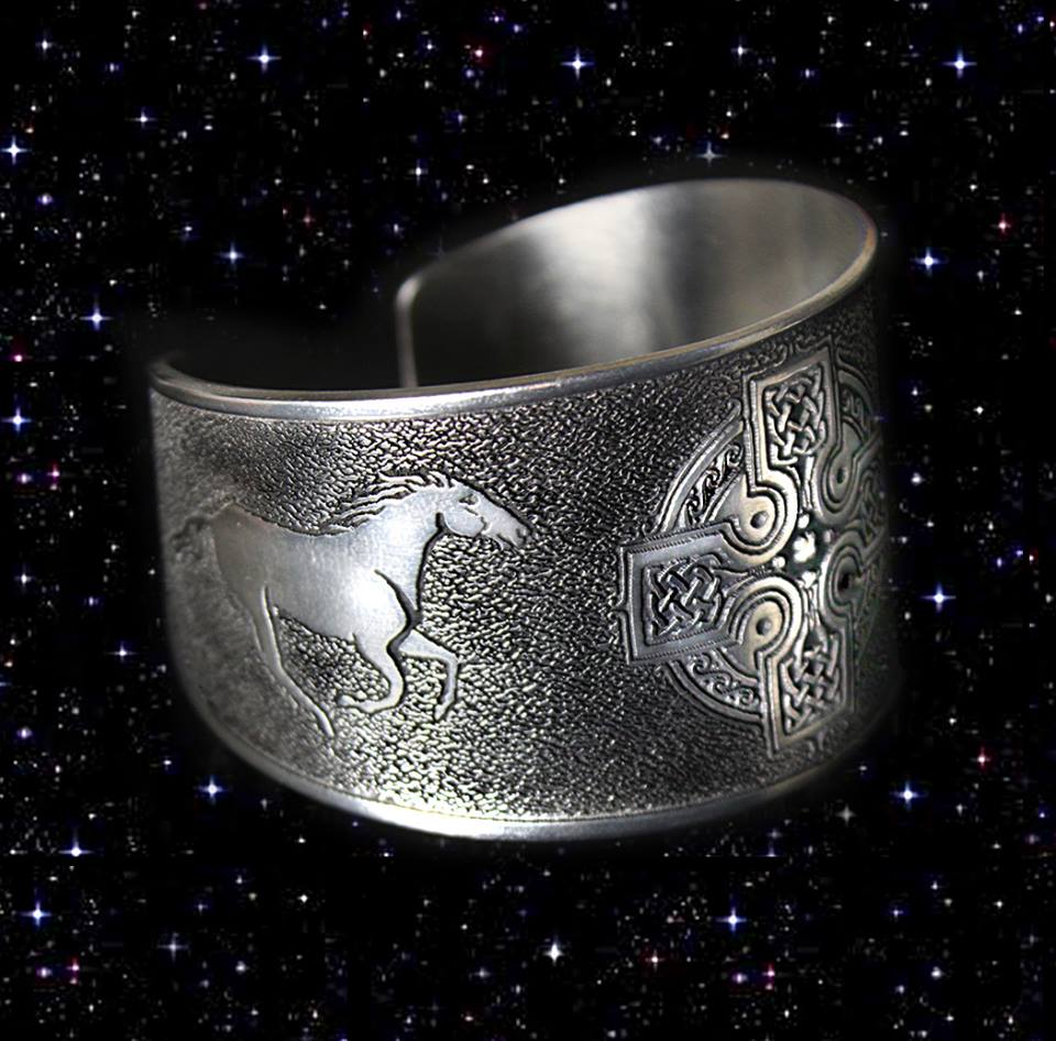 Celtic cross pewter bracelet with two running horses.