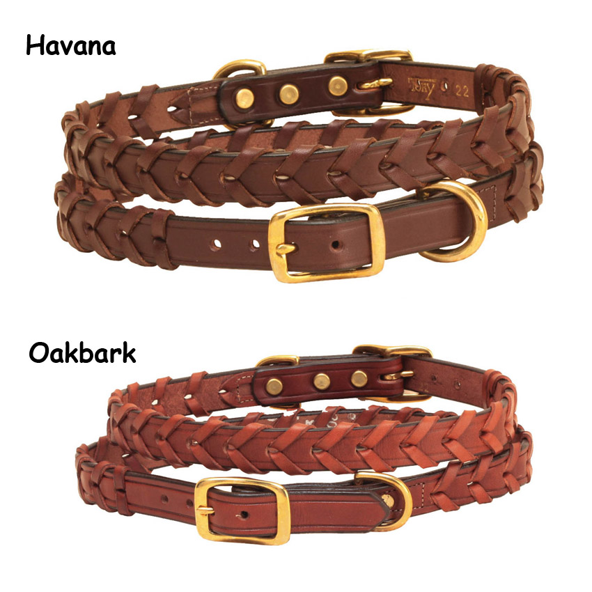 Bridle leather laced dog collar that looks like a horse's rein with brass hardware. Tory Leather