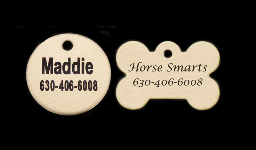 Engraved brass circle or dog bone shaped hang down dog id tag with personalized text..