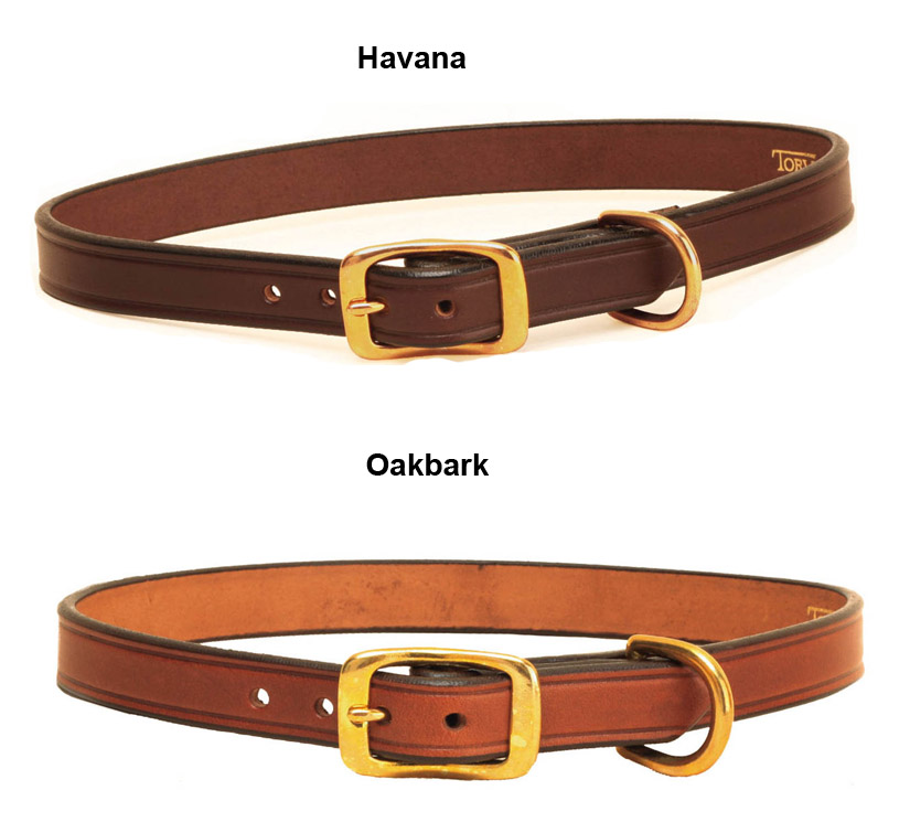 Havana or Oakbark creased leather dog collar with brass hardware from Tory Leather.