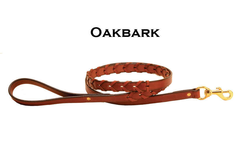 Oakbark laced leather dog leash with solid brass hardware from Tory Leather.