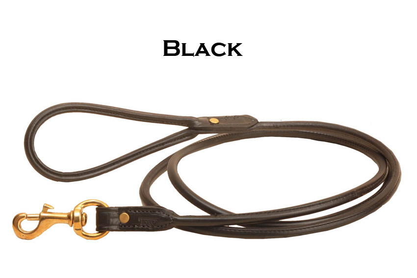 Black leather rolled dog leash. 4' foot or 6' long