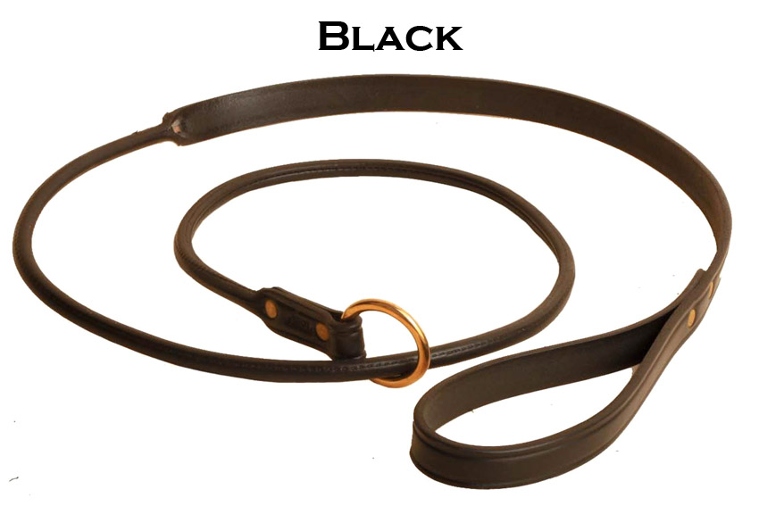 Black leather slip style dog leash from Tory Leather.