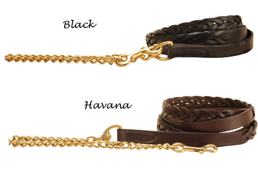 Braided bridle leather lead with a 24” brass chain from Tory Leather.